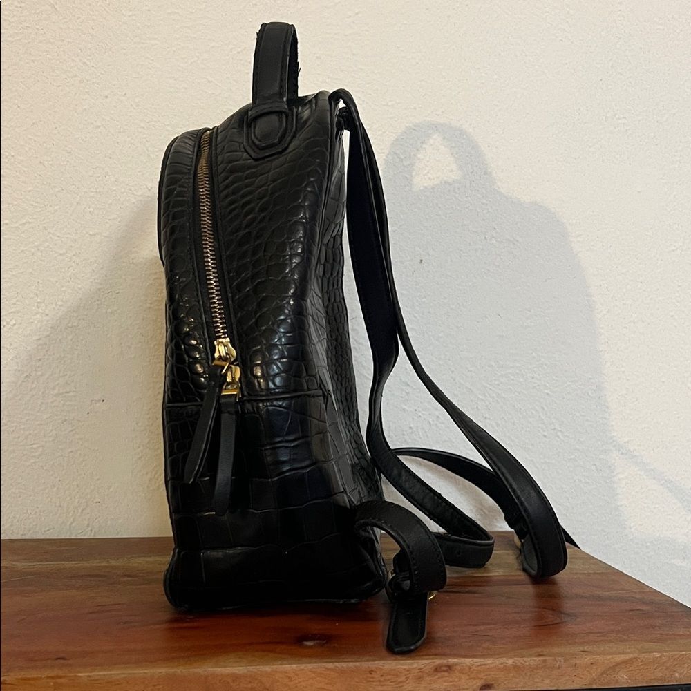 Tory Burch Croc Embossed Black Leather Mini Backpack Purse Gold Logo Casual Luxe - Picture 9 of 16